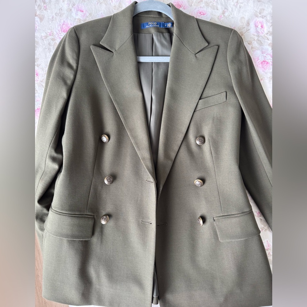 Ralph Lauren Double Breast Blazer in olive green. Like NEW. Only worn once